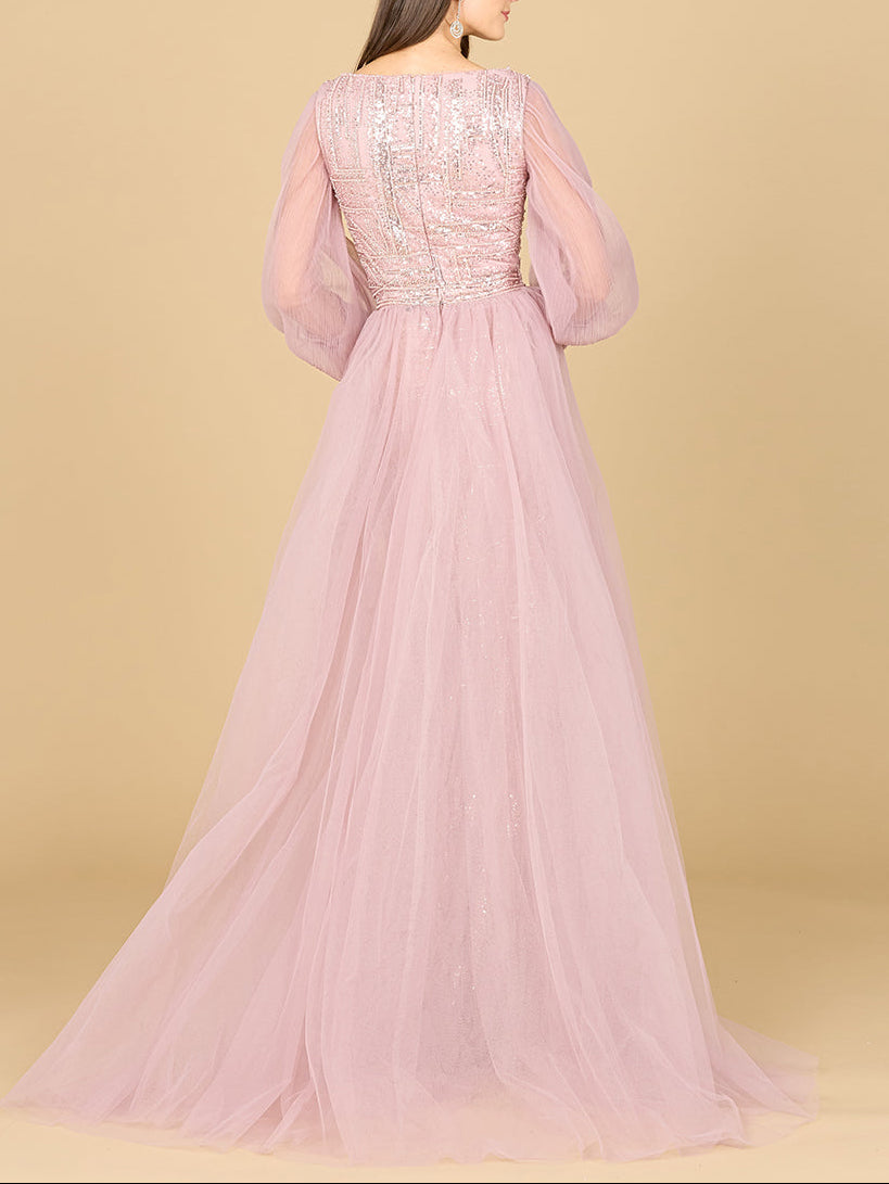Long Sleeve Lace Gown with Removable Over Skirt