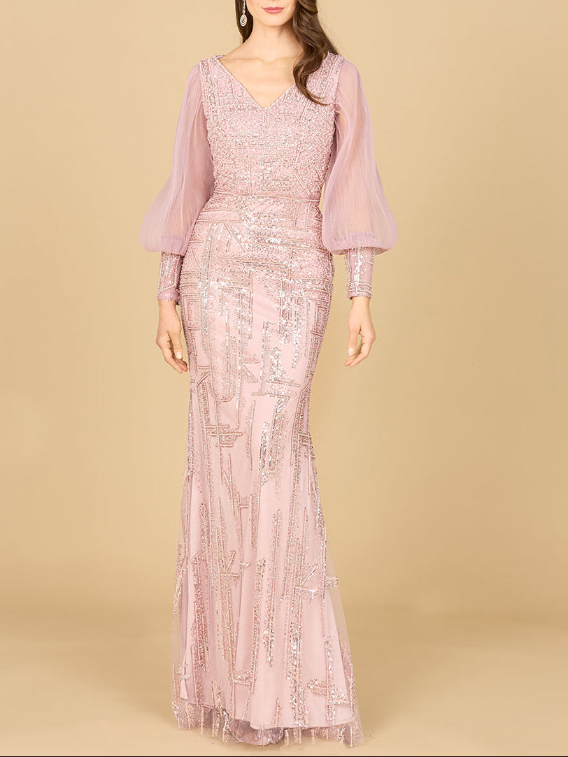 Long Sleeve Lace Gown with Removable Over Skirt