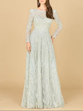 Long Sleeve Beaded Lace Gown
