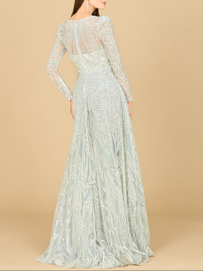 Long Sleeve Beaded Lace Gown