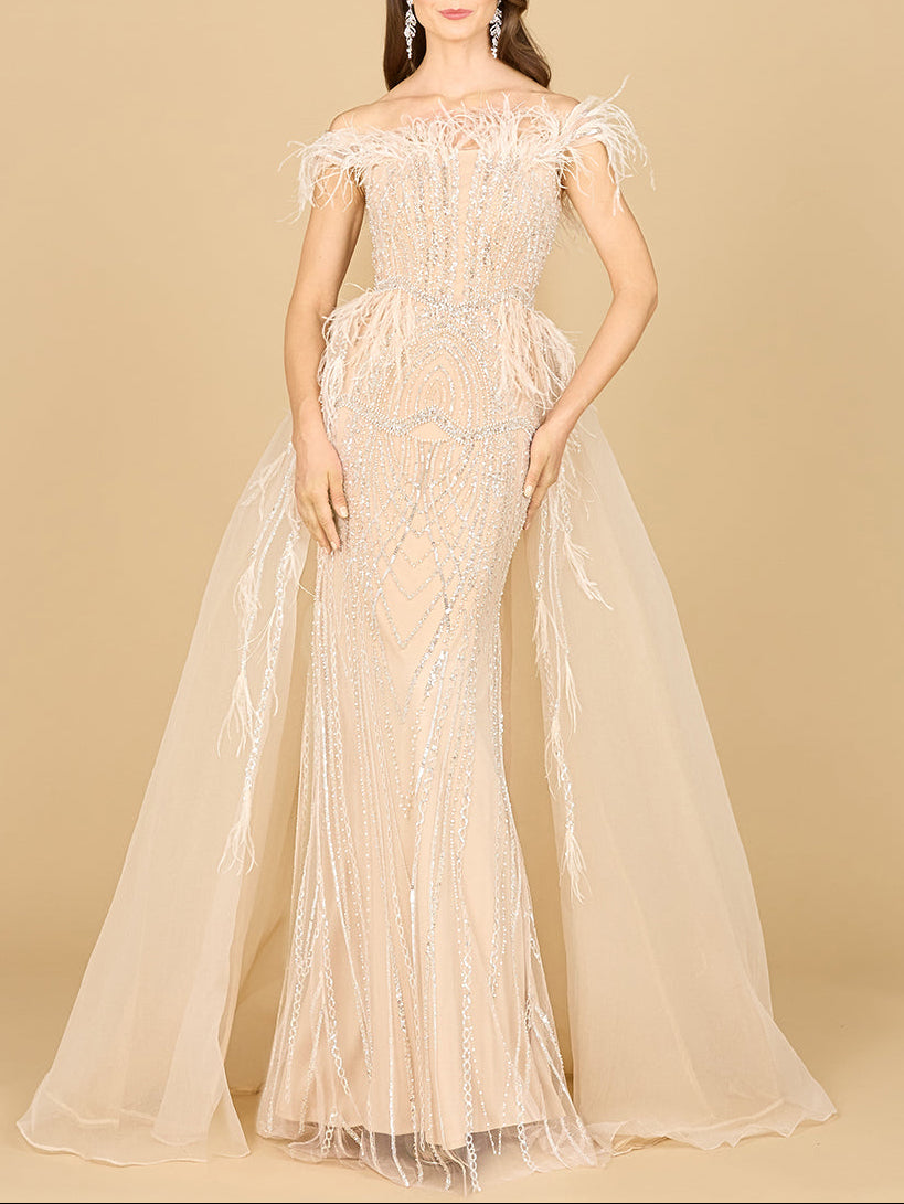 Off Shoulder Gown with Feathers | 29161