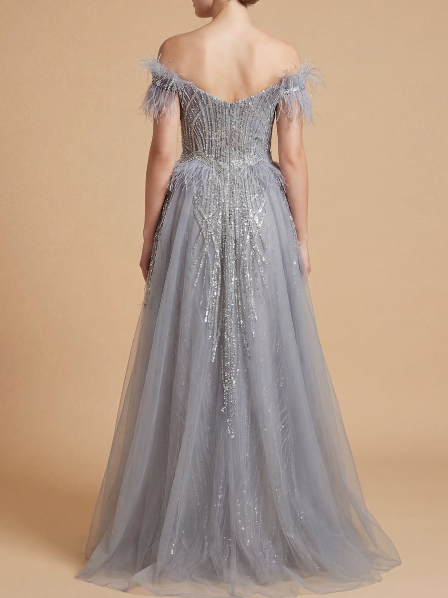 Off Shoulder Gown with Feathers | 29161