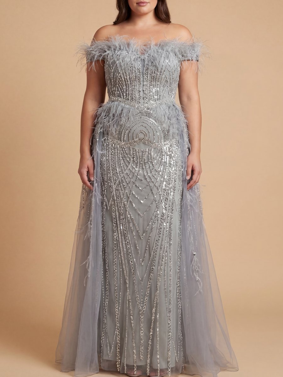 Off Shoulder Gown with Feathers | 29161
