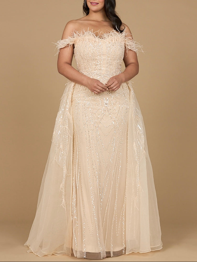 Off Shoulder Gown with Feathers | 29161