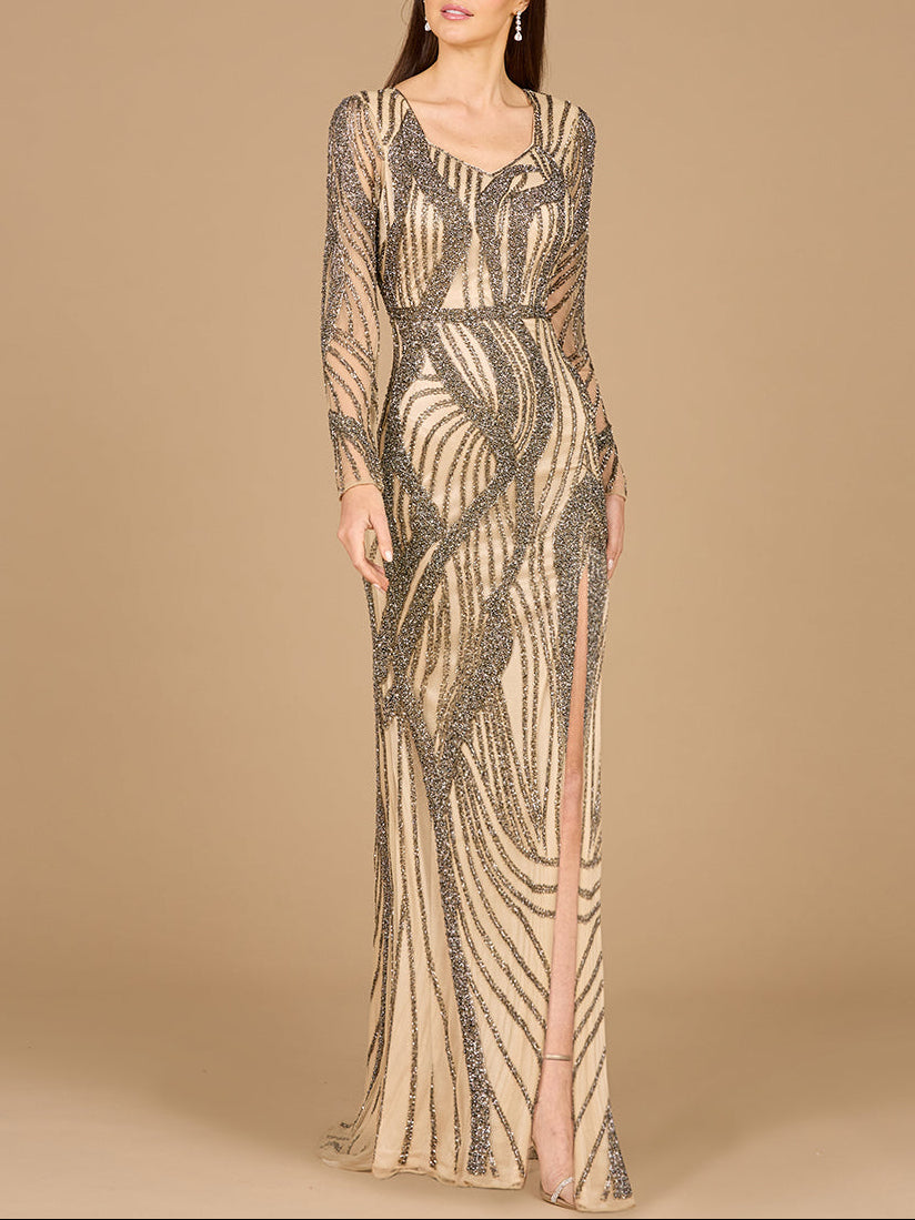 Cascading Beads Long Sleeve Dress - OUTLET