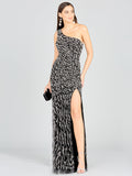 One-Shoulder Beaded Gown with High Slit