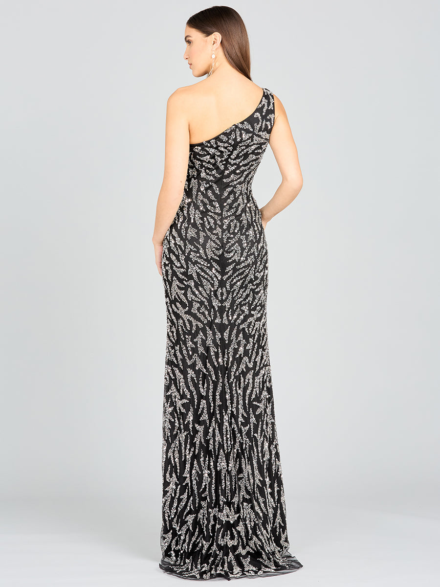 One-Shoulder Beaded Gown with High Slit