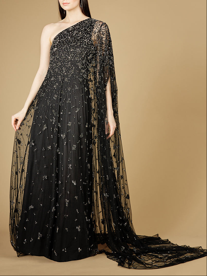 One Shoulder Cape Sleeve Gown