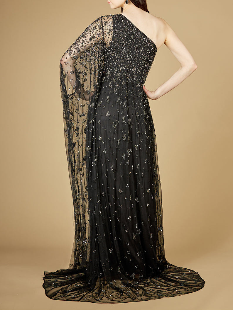 One Shoulder Cape Sleeve Gown