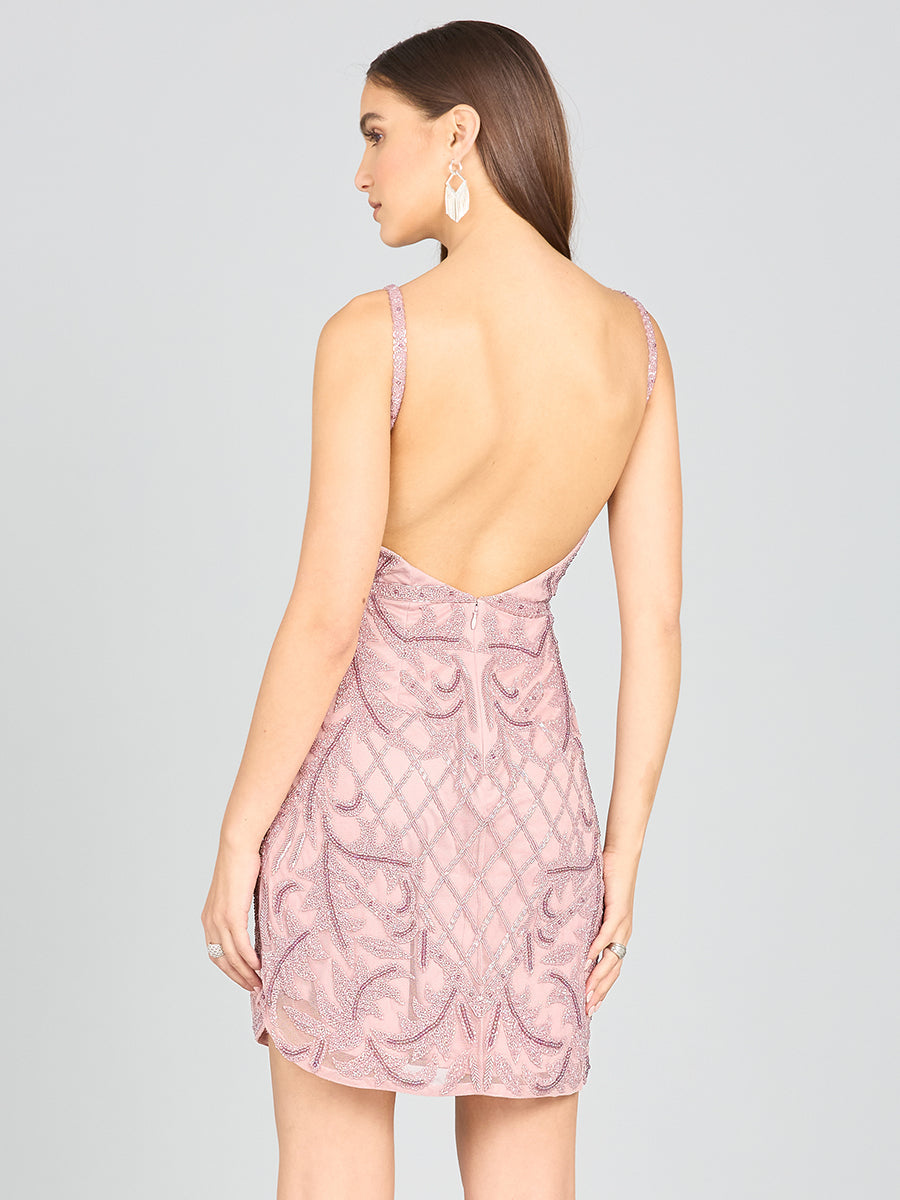 Deep V-Neck Beaded Mini Dress with Low Back