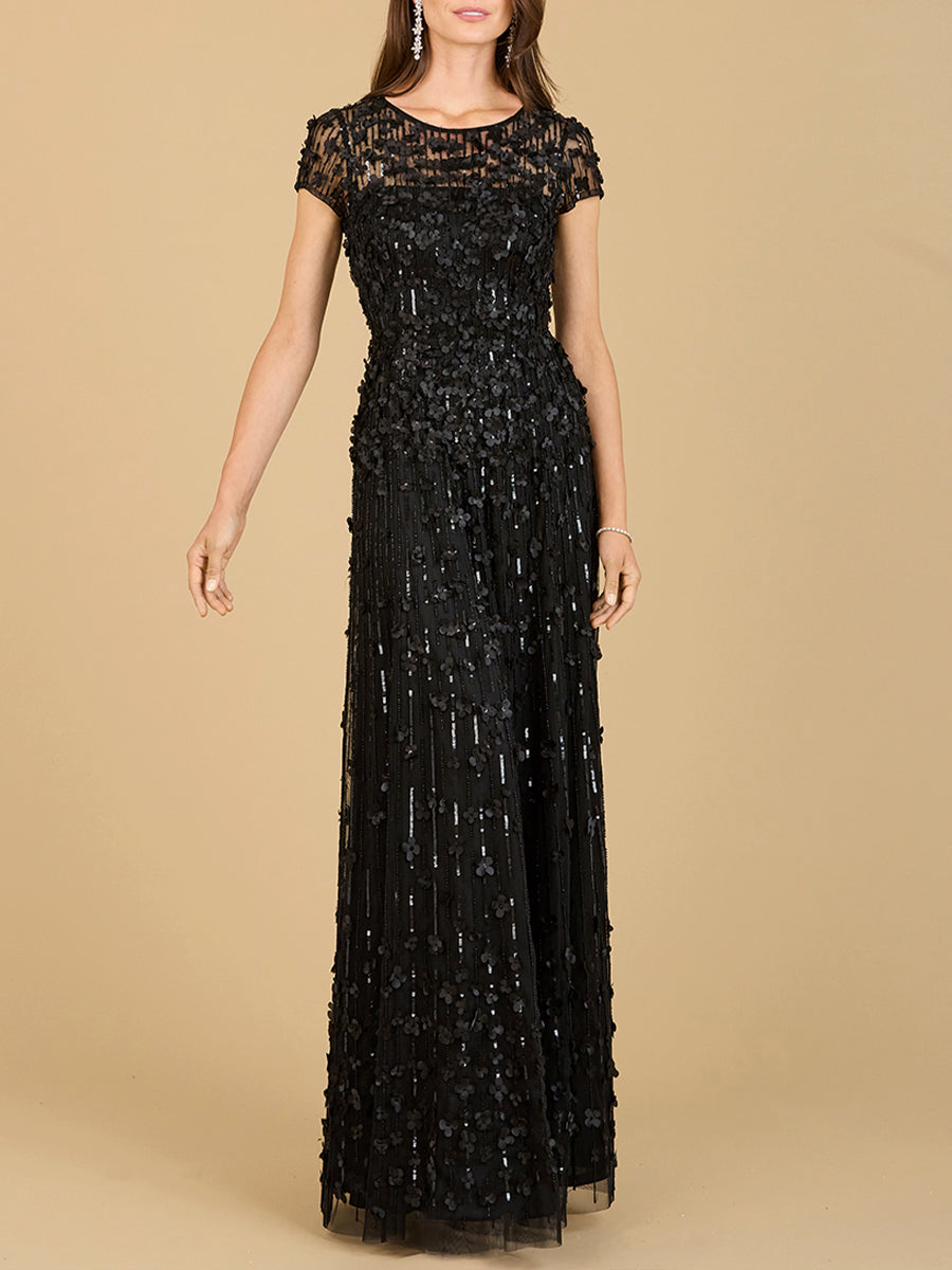 3D Floral Embellished Cap Sleeve Gown | 29181