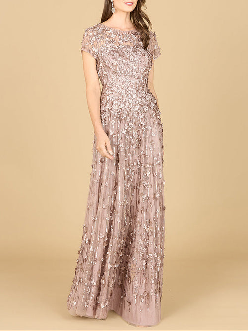 3D Floral Embellished Cap Sleeve Gown | 29181