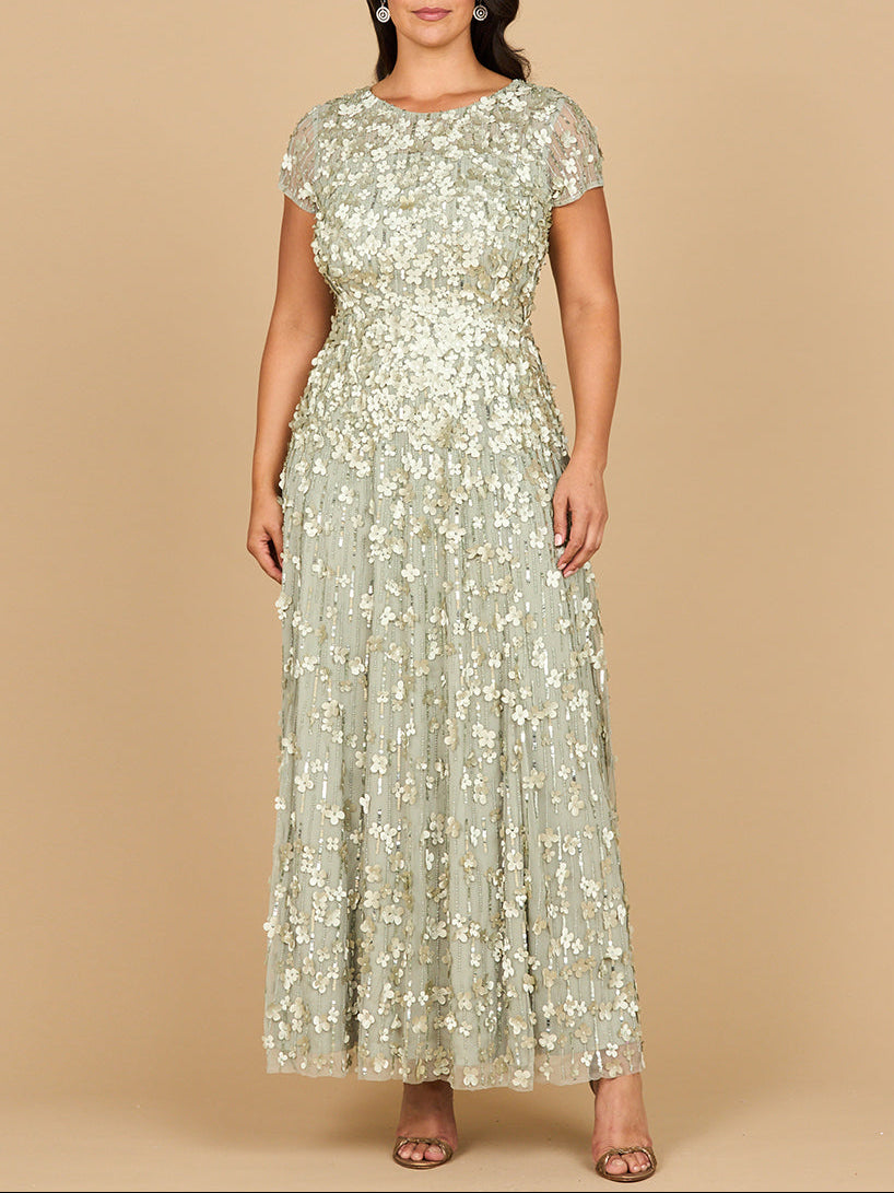 3D Floral Embellished Cap Sleeve Gown | 29181