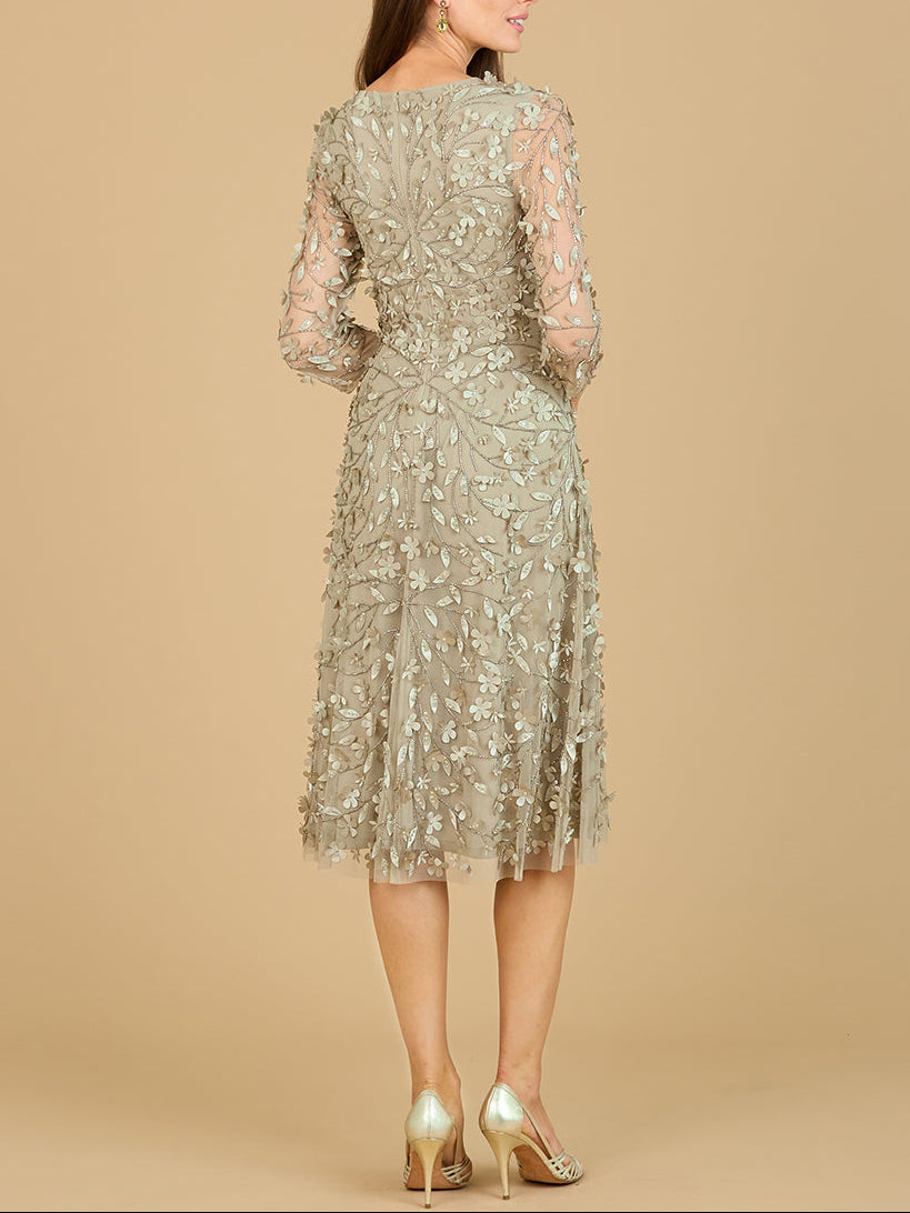 Flowing, 3D Embroidered Midi Dress with Sleeves