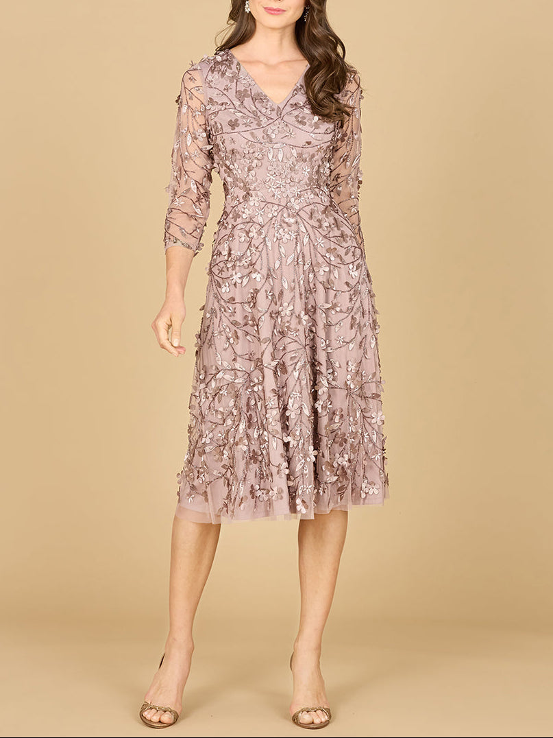 Flowing, 3D Embroidered Midi Dress with Sleeves