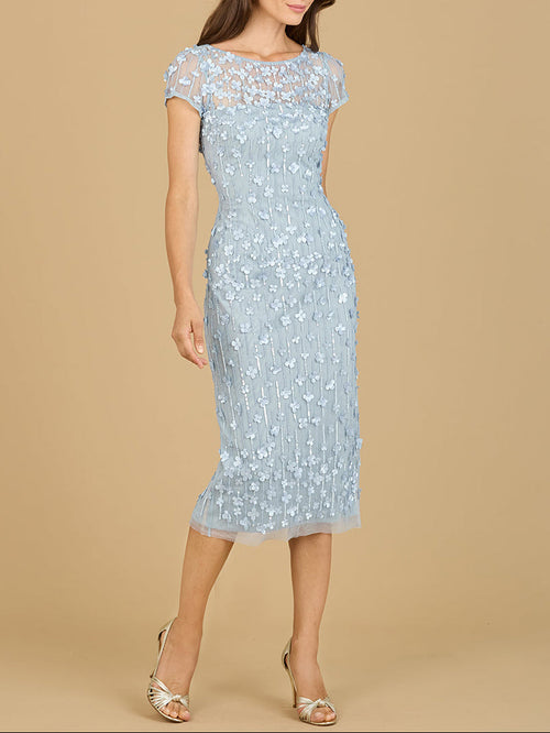 3D Applique Midi Dress with Cap Sleeves | 29186