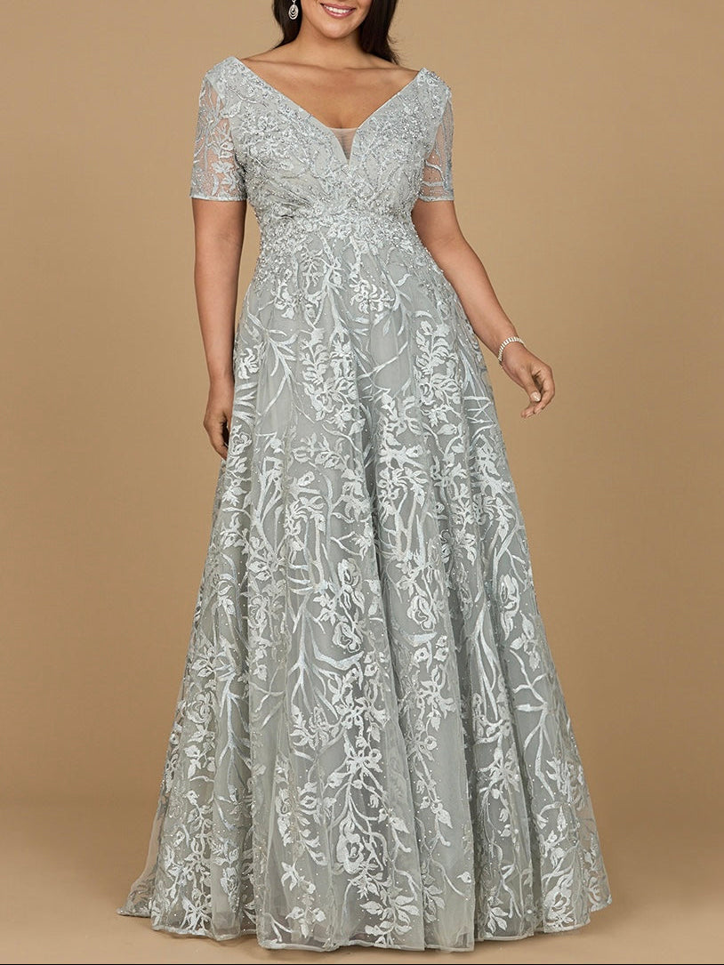 Short Sleeve Lace A-Line Dress with V-Neckline