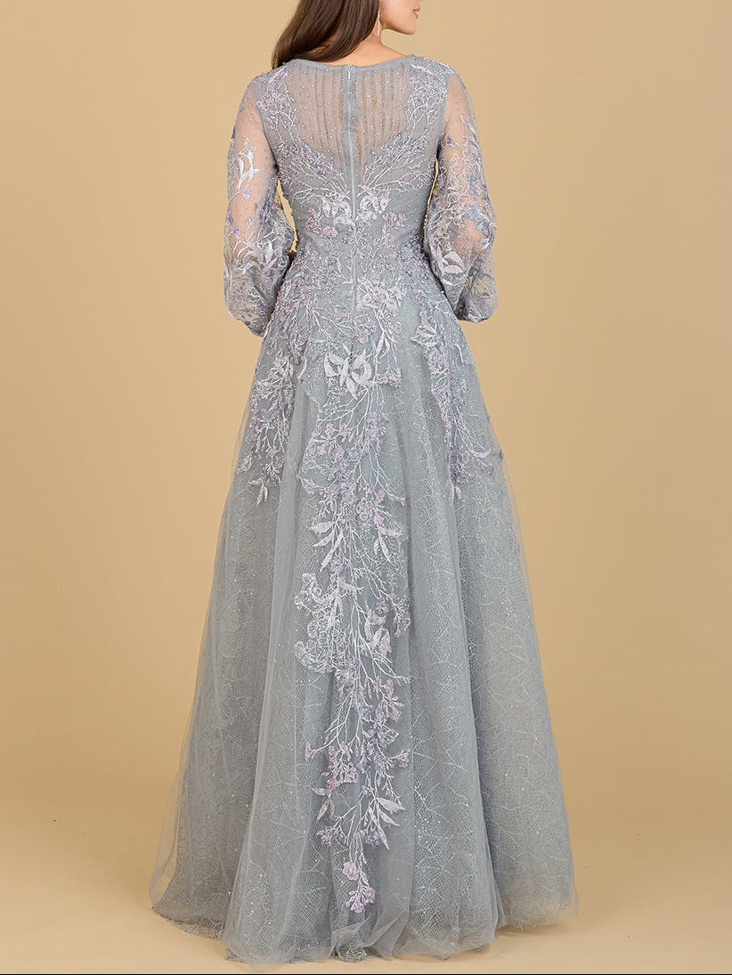 V Neckline Balloon Sleeve Gown