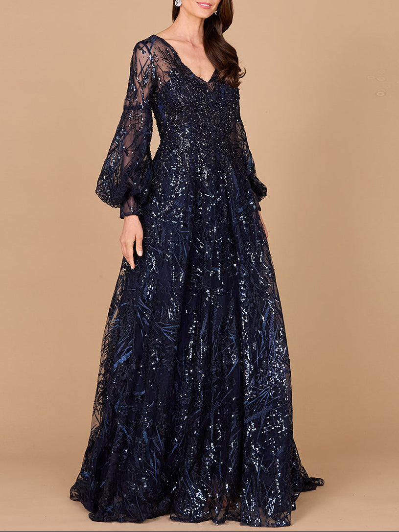 V Neckline Long Sleeve Gown