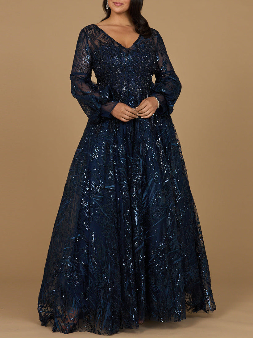 V Neckline Long Sleeve Gown