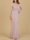 Long Sleeve V-Neck Beaded Gown | 29203  - OUTLET