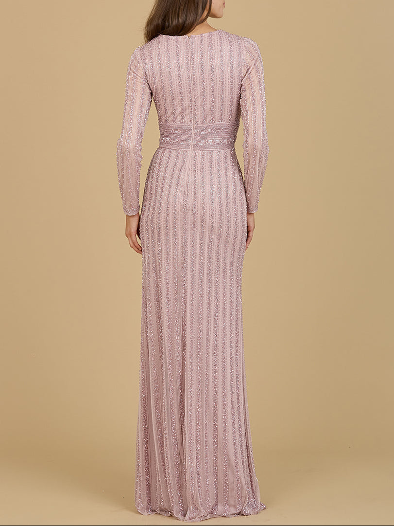 Long Sleeve V-Neck Beaded Gown | 29203  - OUTLET