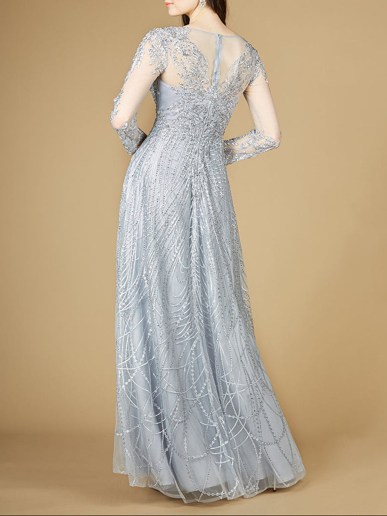 Long Sheer Sleeve V-Neckline Sheath Gown