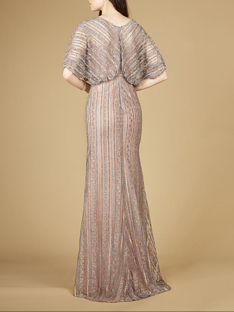 Cape Sleeve V-Neck Gown with Geometric Beading