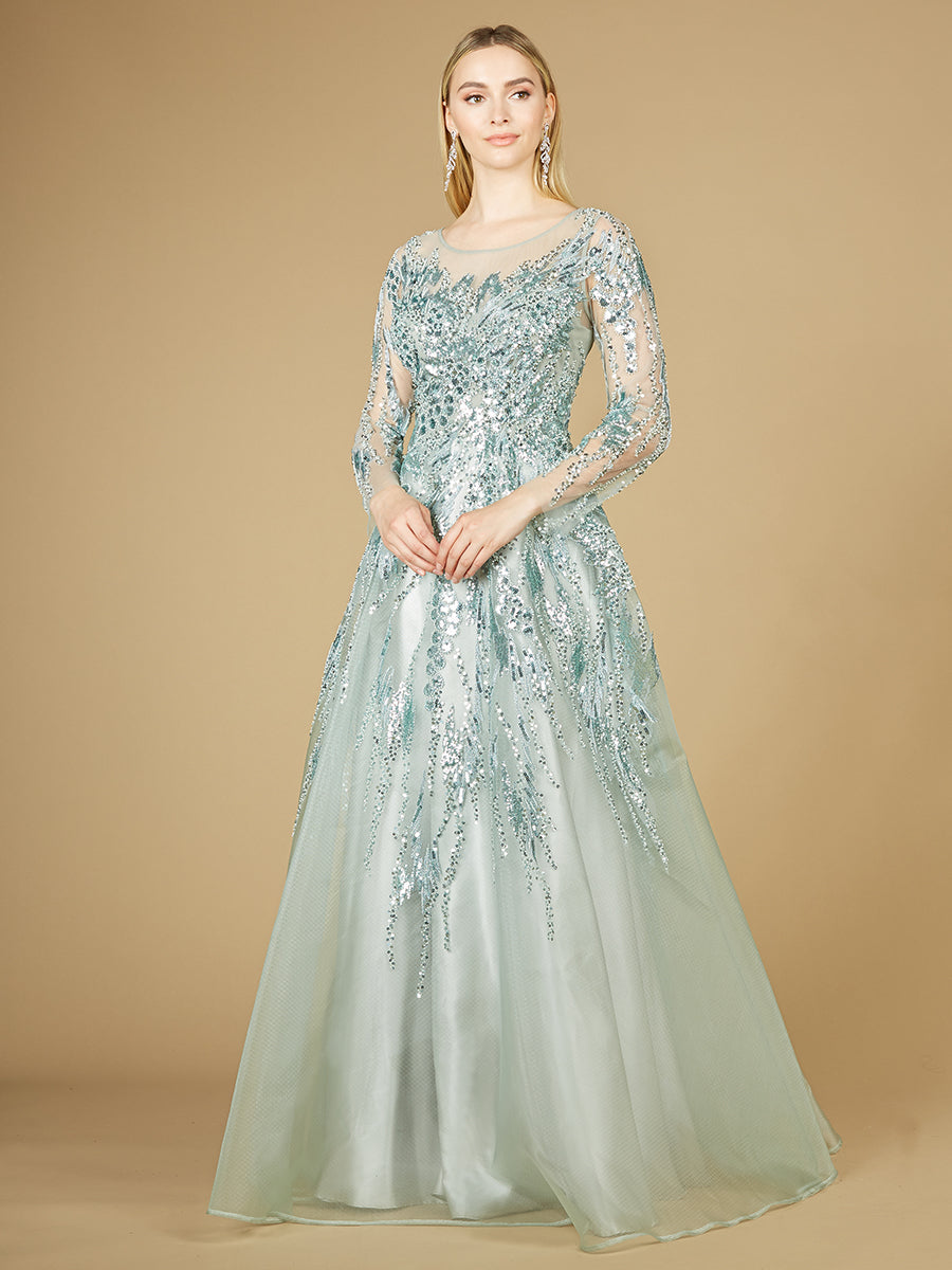 High Neck Lace Gown with Sheer Sleeves