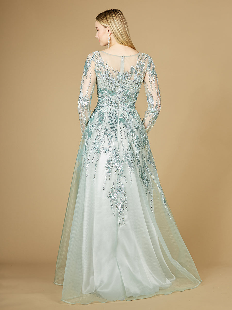 High Neck Lace Gown with Sheer Sleeves