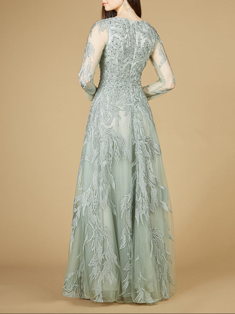 Long Sleeve Lace Ballgown with V-Neck