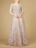 Long Sleeve V-Neck Ballgown  - OUTLET