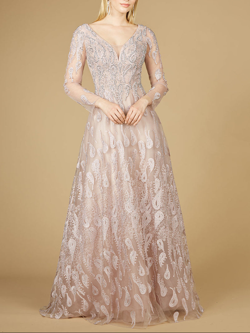 Long Sleeve V-Neck Ballgown  - OUTLET