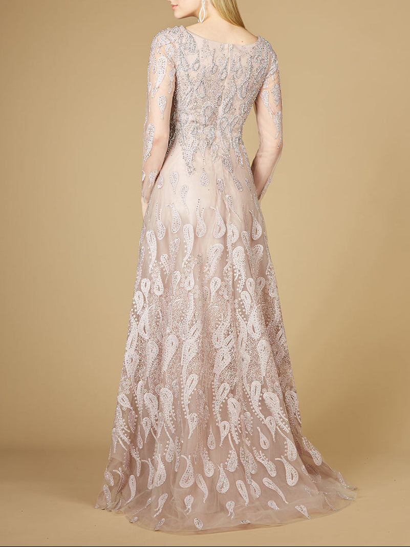 Long Sleeve V-Neck Ballgown  - OUTLET