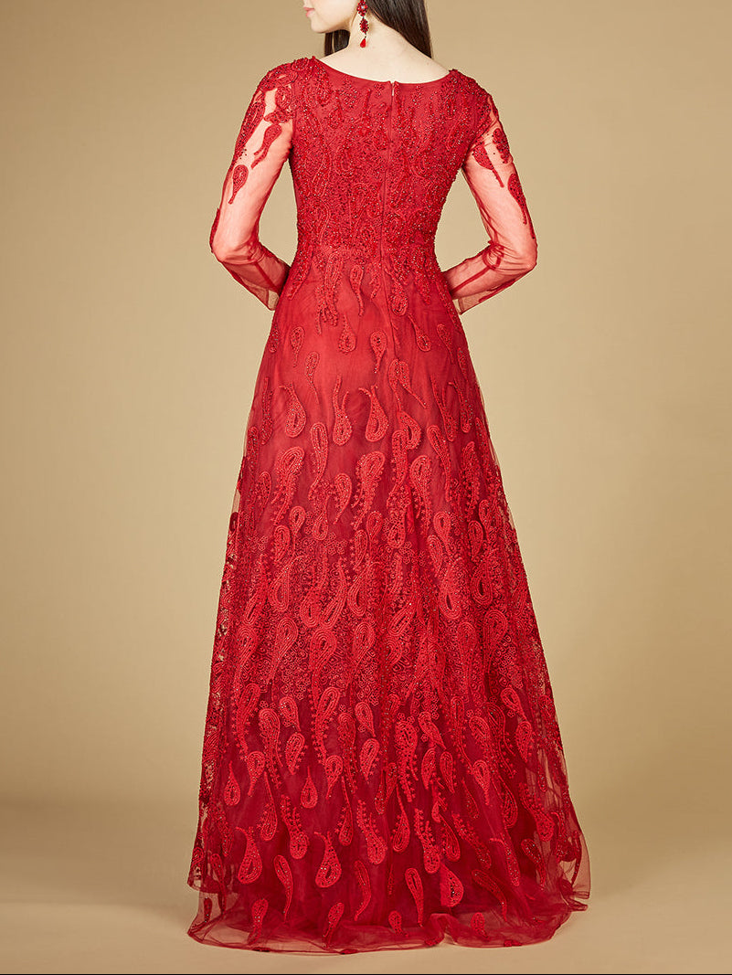 Long Sleeve V-Neck Ballgown  - OUTLET