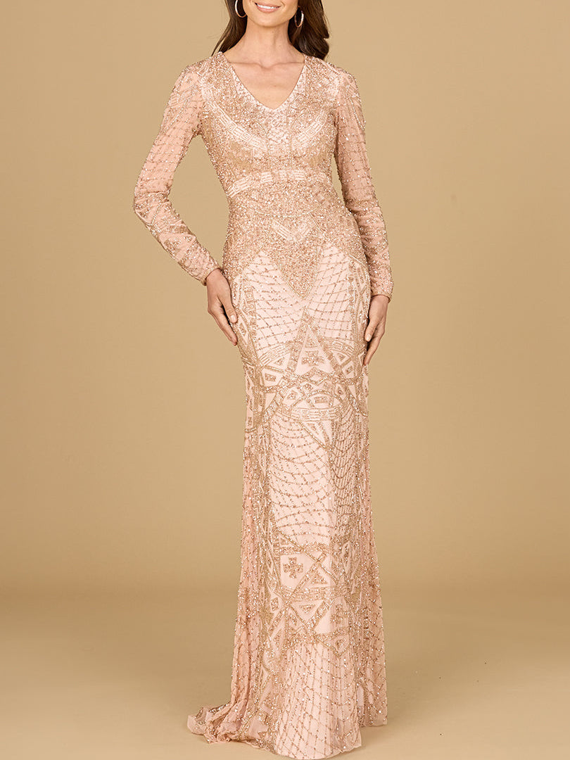 Beaded Long Sleeve V-neck Gown | 29054