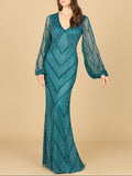 Long Sleeve Beaded Dress with Sheer Sleeves