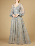 V Neckline Balloon Sleeve Gown