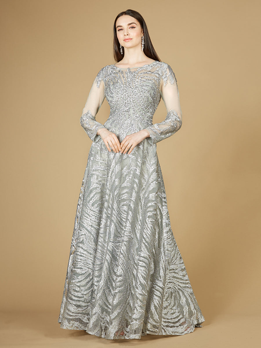 Lace Ball Gown with Long Sheer Sleeves and High Neck - OUTLET