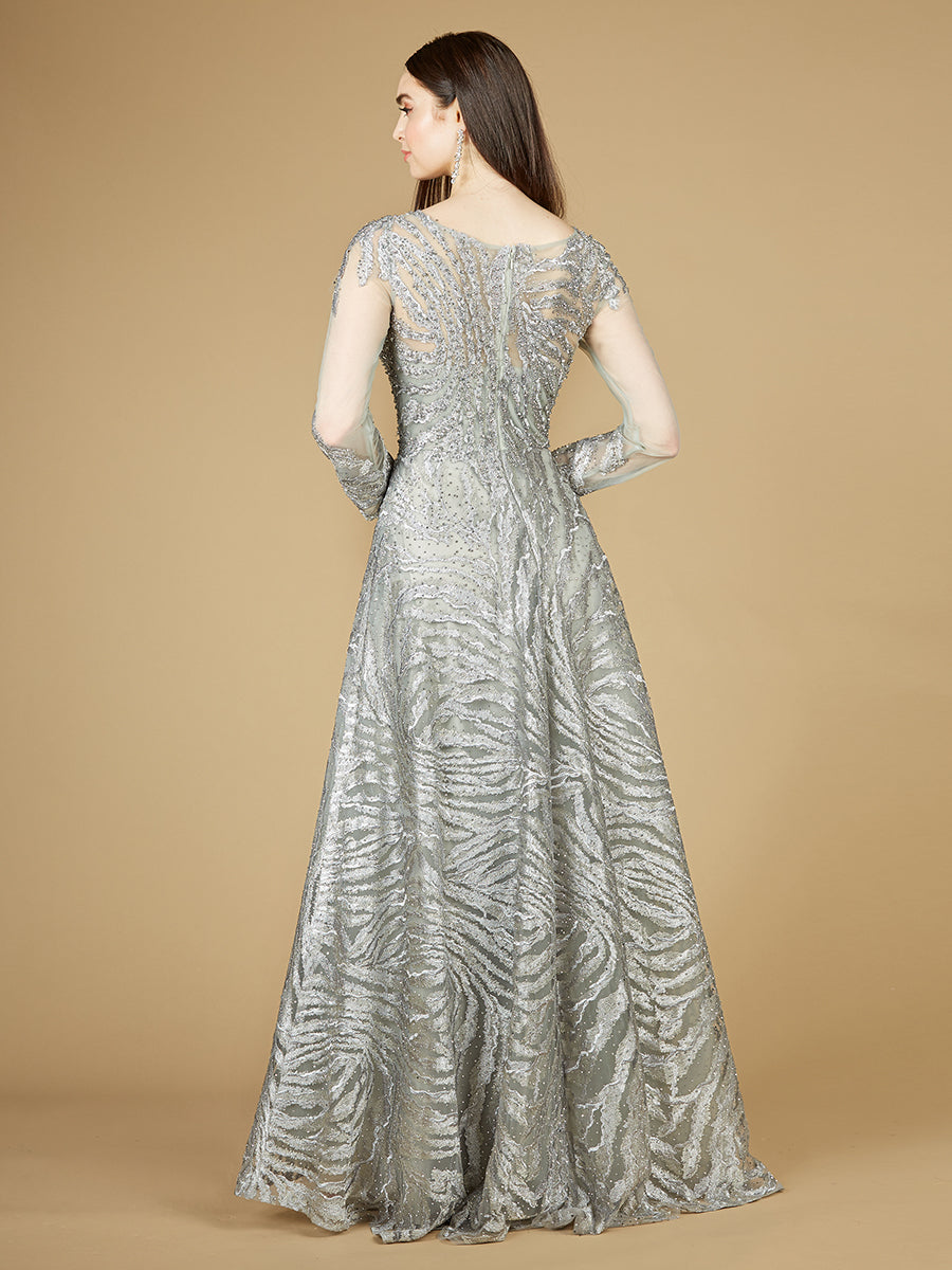 Lace Ball Gown with Long Sheer Sleeves and High Neck - OUTLET