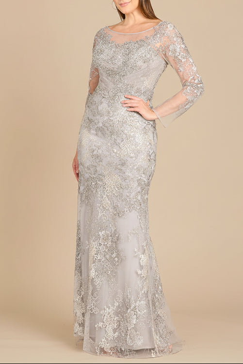 High Neck Long Sleeve Fitted Lace Gown