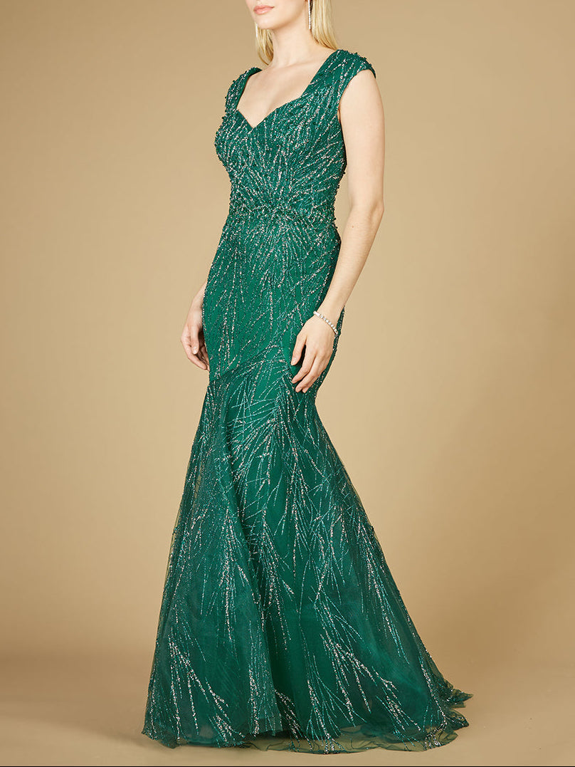 Cap Sleeve Mermaid Beaded Gown - OUTLET