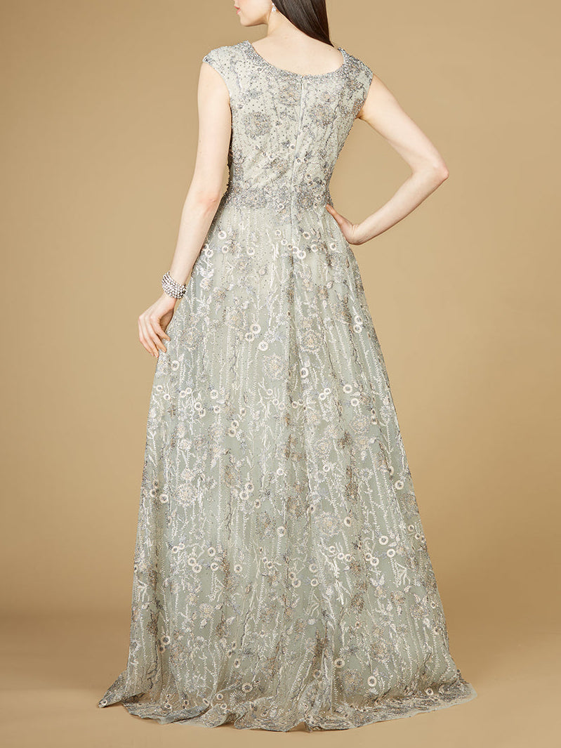 Cap Sleeve V-Neck Lace A-line Gown