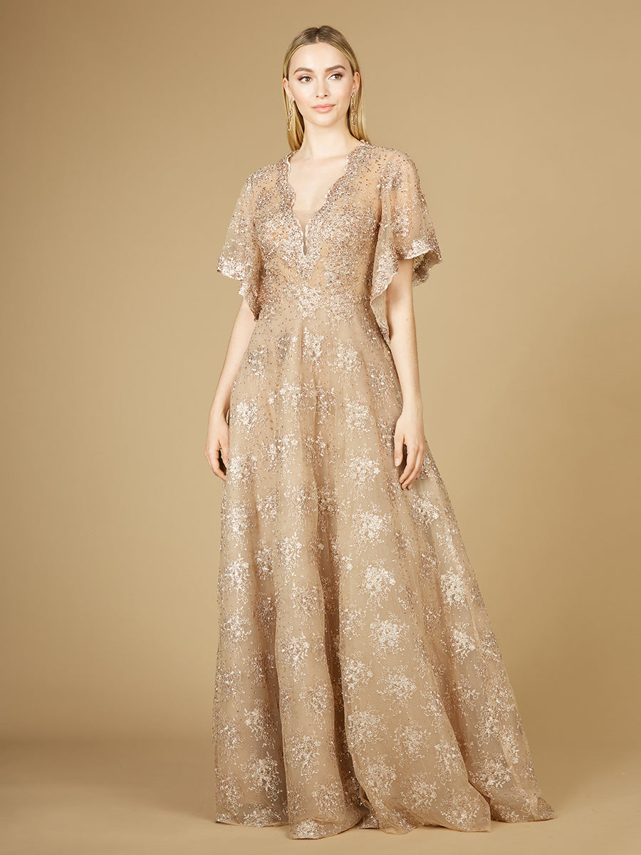 Cape Sleeve V-Neck Gown | 29237 - OUTLET