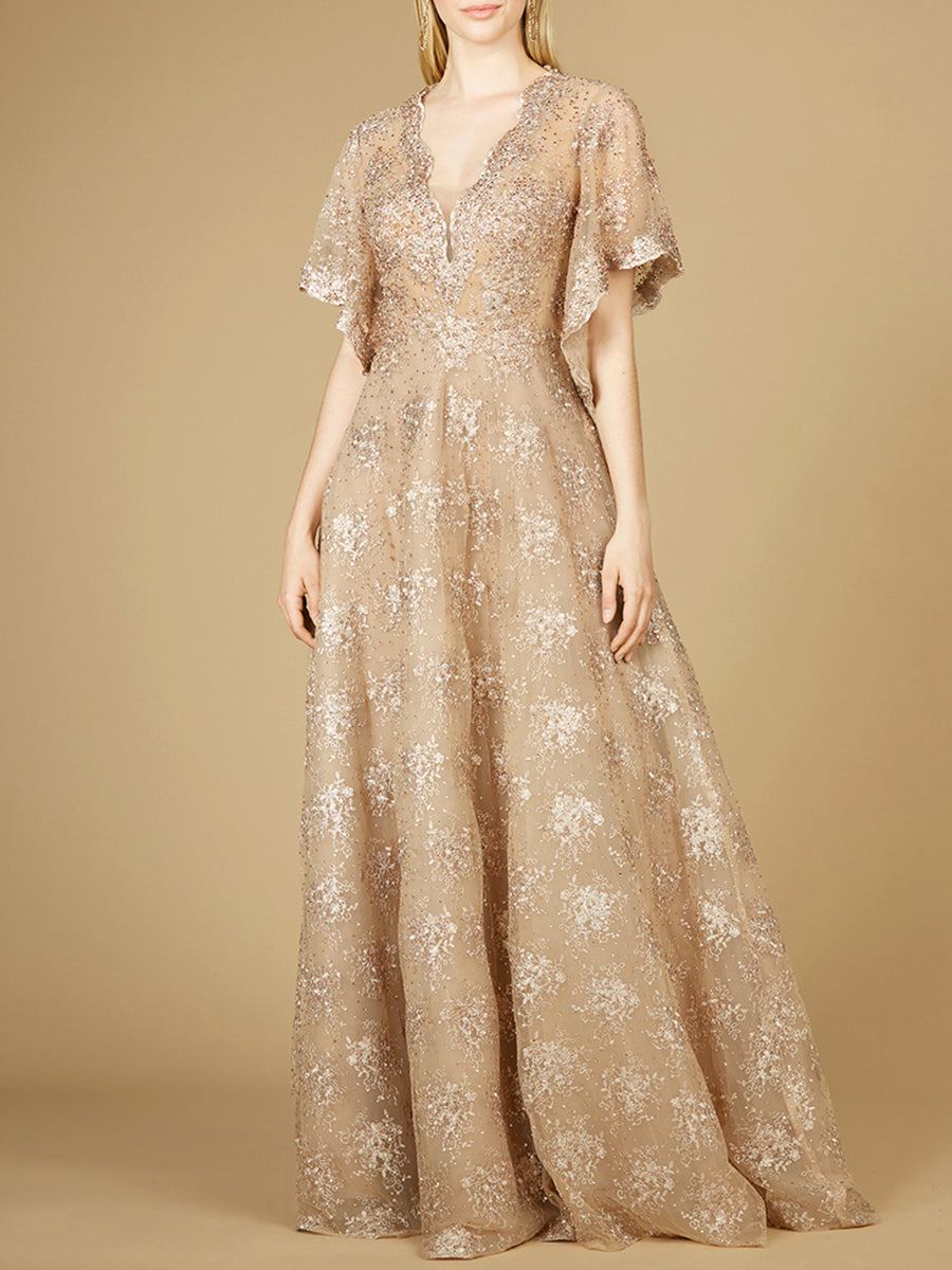 Cape Sleeve V-Neck Gown | 29237 - OUTLET