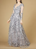 A-line Gown With Long Sleeves, V-Neckline