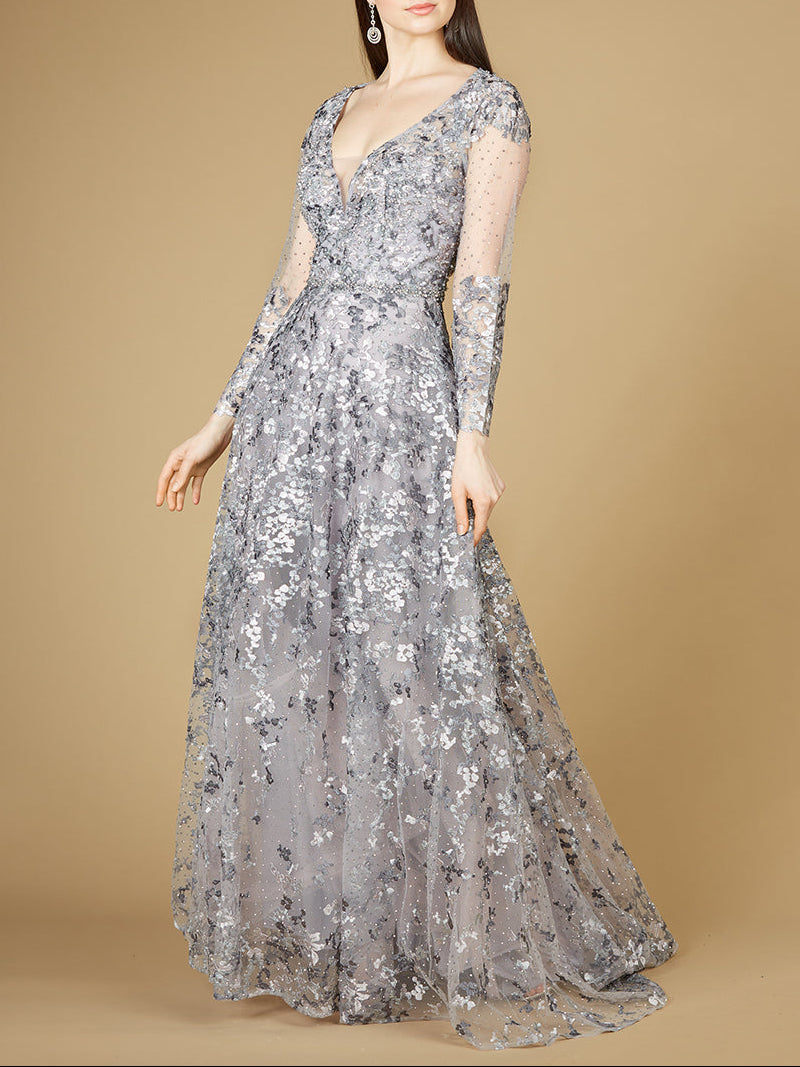A-line Gown With Long Sleeves, V-Neckline