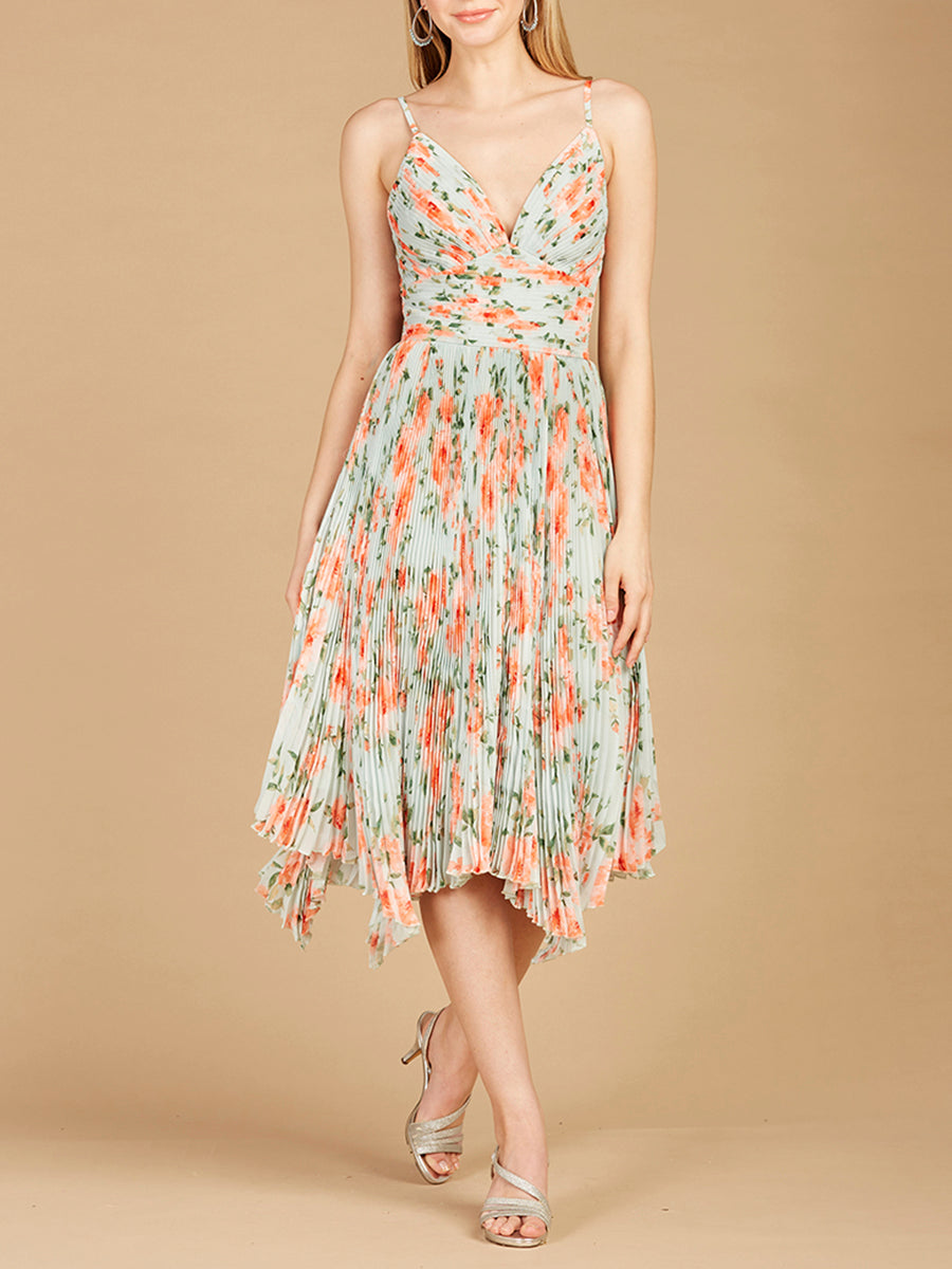 V-Neck Printed Midi Length Dress with Pleats - OUTLET