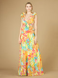 V-Neck Long Print Gown with Ruffled Straps - OUTLET