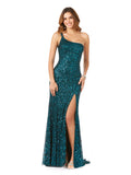 One-Shoulder Beaded Gown with Slit - OUTLET